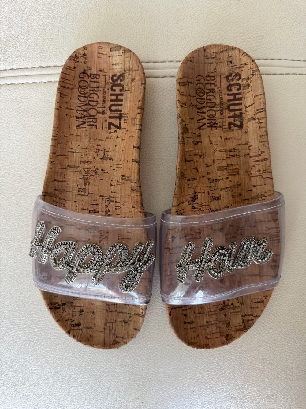 Schutz for Bergdorf Goodman Clear Cork "Happy Hour" Slides 7.5 narrow